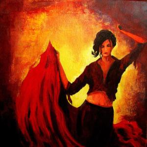 Flaming red dress twirls as my world revolves around my eyes on your hips